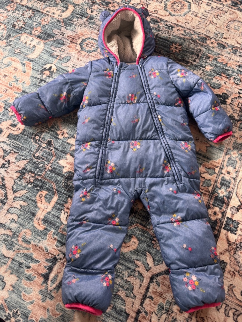 Baby GAP Blue Floral Puffer Snowsuit with Pink Trim